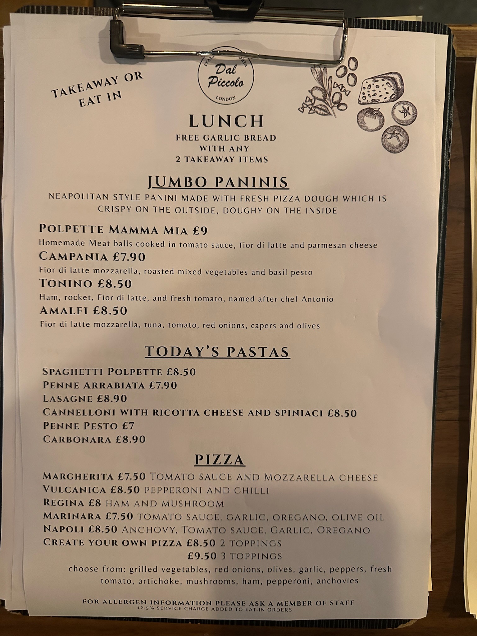 Dal Piccolo restaurant menu