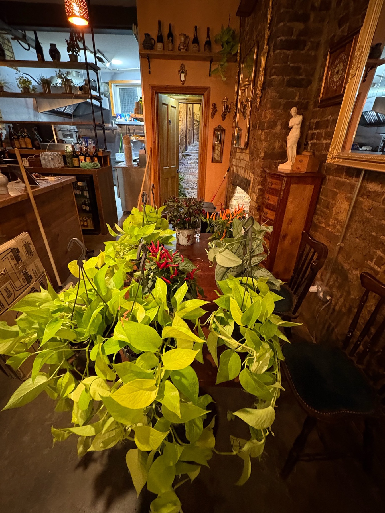 Inside Dal Piccolo: brick walls, gilded mirrors and tables filled with plants